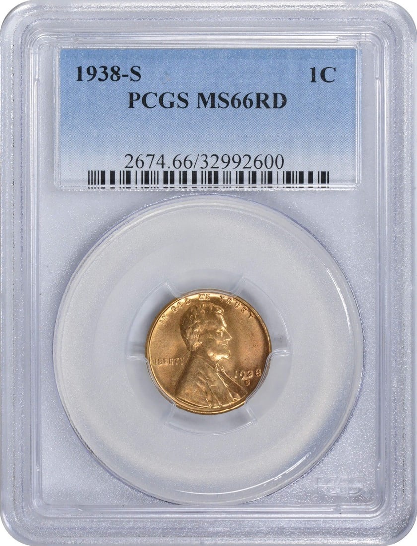 1938-S Lincoln Cent MS66RD Uncirculated PCGS Victor David Brenner Design: 1938-S Lincoln Cent MS66RD Uncirculated PCGS Victor David Brenner Design This 1938-S Lincoln Cent is a stunning example of numismatic excellence, graded MS66RD by PCGS. Minted in San Francisco, this u