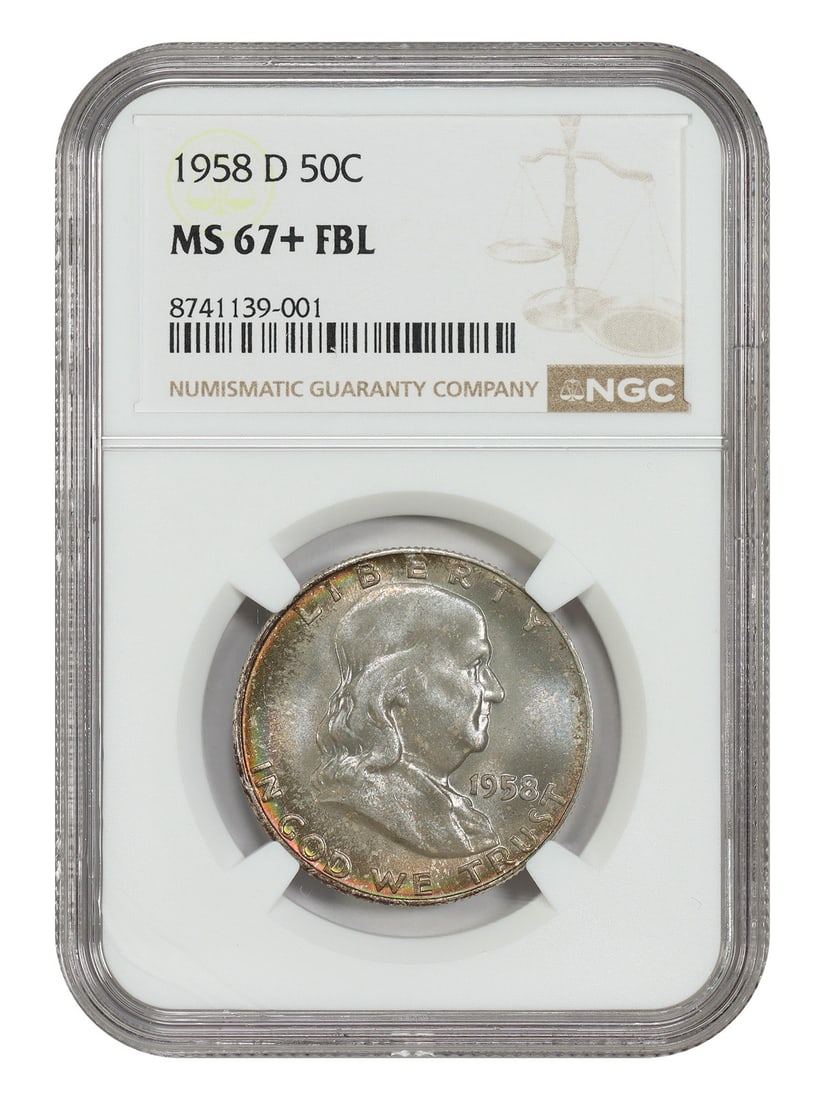 1958-D Franklin Half Dollar NGC MS67+ FBL: 1958-D Franklin Half Dollar NGC MS67+ FBL This 1958-D Franklin Half Dollar is a certified NGC MS67+FBL example, featuring vibrant, colorful toning on both sides. It is a pre-owned coin minted in Denve