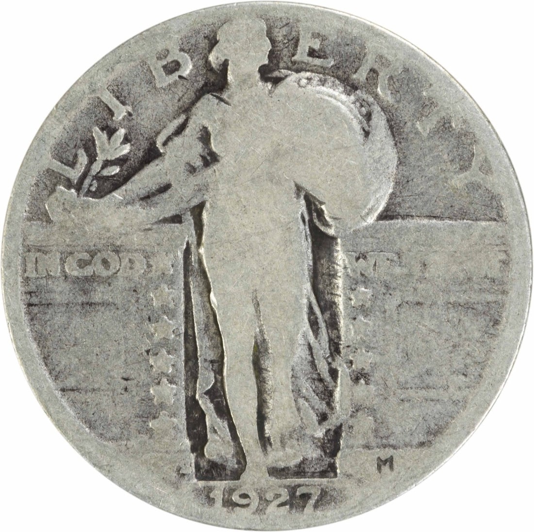 1927-S Standing Liberty Quarter 90% Silver Circulated Coin: 1927-S Standing Liberty Quarter 90% Silver Circulated Coin This 1927-S Standing Liberty Silver Quarter is a remarkable piece of American coinage, showcasing the artistry of designer Hermon A. Mac Neil