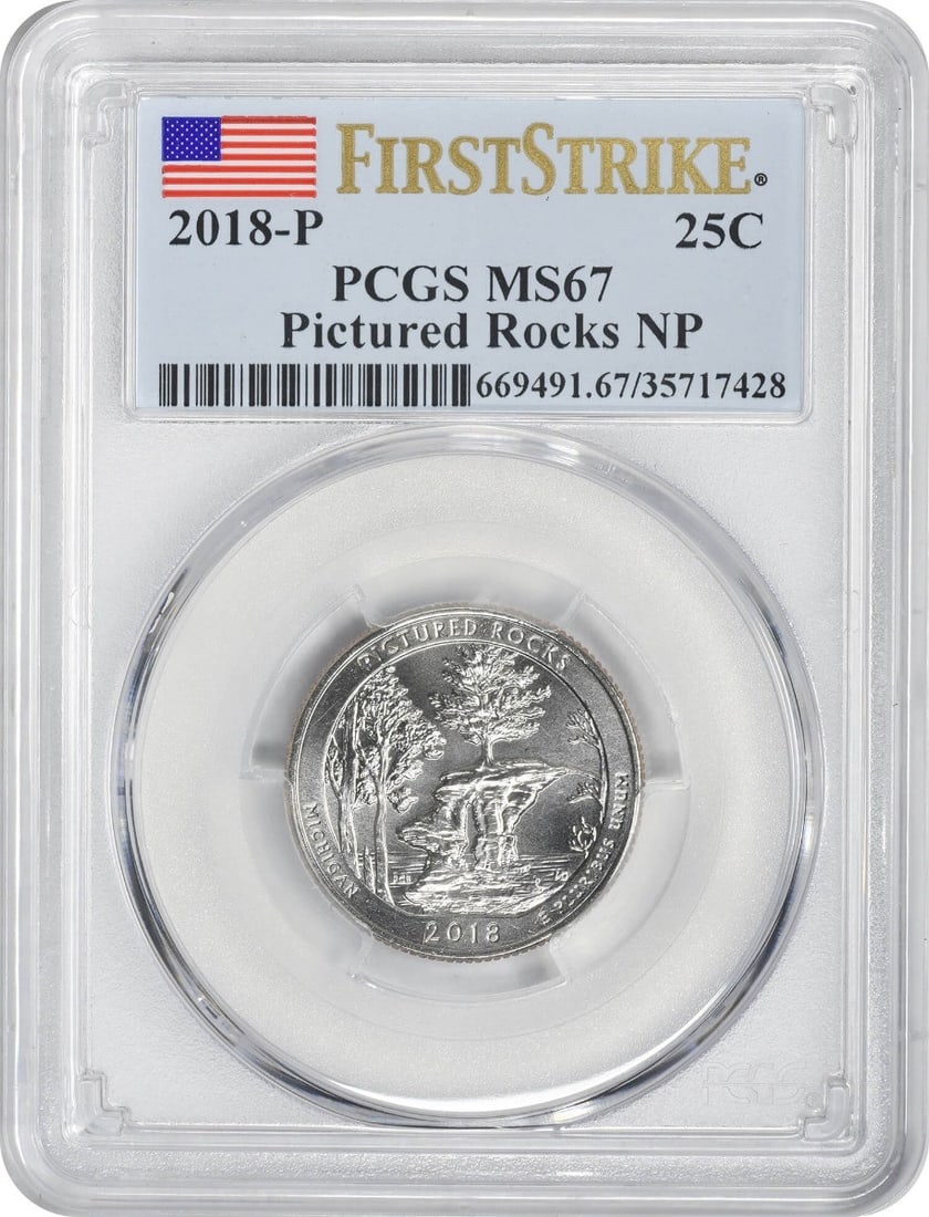 PCGS MS67 2018 Pictured Rocks ATB Quarter First Strike: PCGS MS67 2018 Pictured Rocks ATB Quarter First Strike This 2018-P Pictured Rocks National Lakeshore quarter is part of the America the Beautiful series. Struck at the Philadelphia Mint, the coin is c