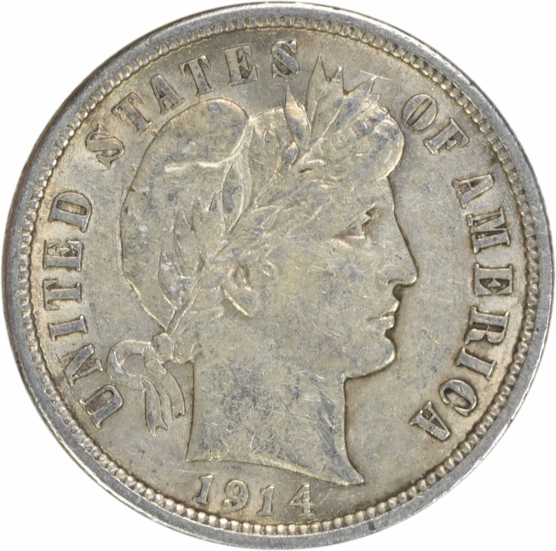 1914 Barber Dime AU Uncertified 90% Silver 10C Coin: 1914 Barber Dime AU Uncertified 90% Silver 10C Coin This 1914 Barber Silver Dime showcases a rich history and is a notable collectible for coin enthusiasts. Struck in Philadelphia, this coin is compos