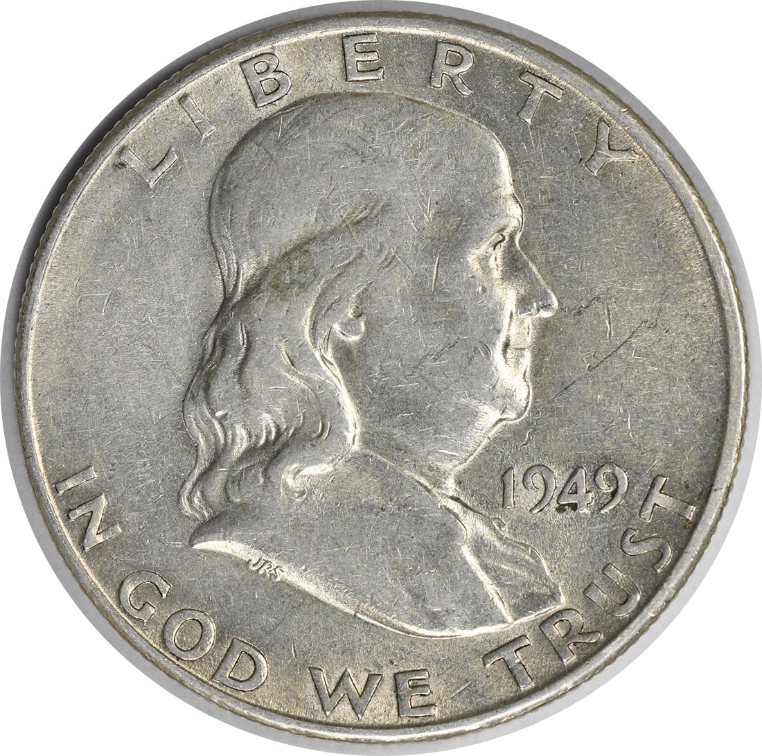 1949 San Francisco Franklin Half Dollar 90 Percent Silver AU Grade Uncertified: 1949 San Francisco Franklin Half Dollar 90 Percent Silver AU Grade Uncertified This 1949-S Franklin Half Dollar is composed of 90% silver and 10% copper. Struck at the San Francisco Mint, it features 