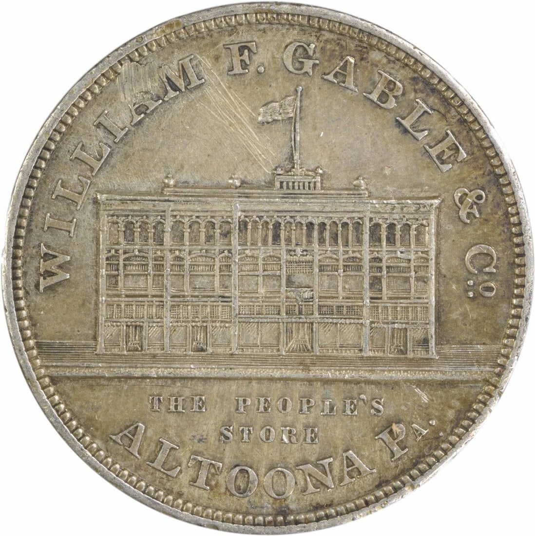 1909 Altoona PA William F Gable silver token EF uncertified: 1909 Altoona PA William F Gable silver token EF uncertified This is a 1909 William F. Gable silver token from Altoona, Pennsylvania. The token is circulated and remains in pre-owned condition. It is a