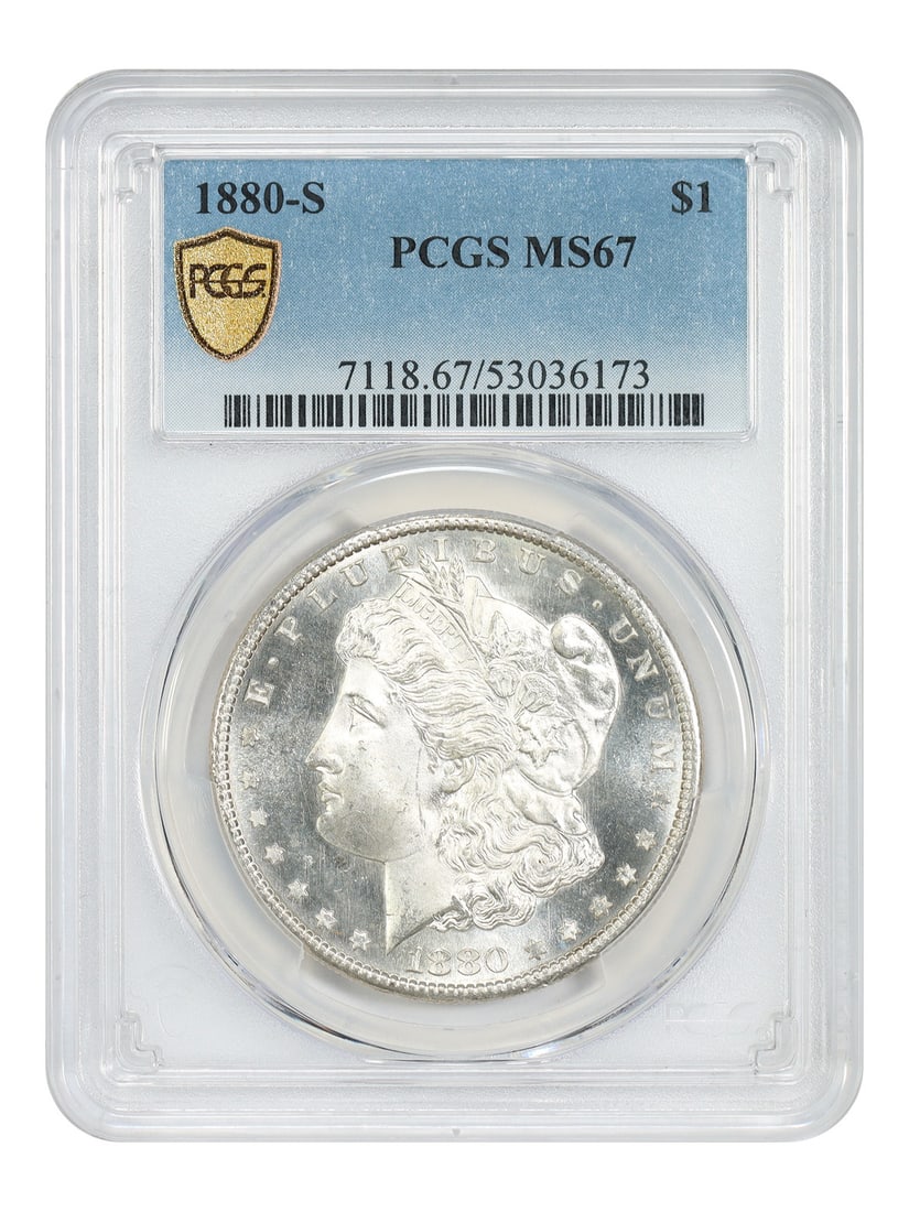 PCGS MS67 1880-S Morgan Silver Dollar: PCGS MS67 1880-S Morgan Silver Dollar This 1880-S Morgan Dollar is certified by PCGS with a grade of MS67, indicating an uncirculated coin with superb quality. Minted in San Francisco, this popular co
