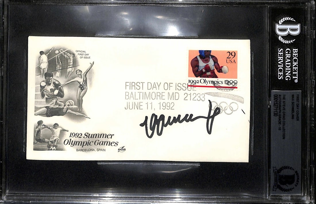Max Schmeling Autographed 1992 Olympic First Day Cover Beckett Authenticated: Max Schmeling Autographed 1992 Olympic First Day Cover Beckett Authenticated This original 1992 Olympic First Day Cover (FDC) features the autograph of legendary boxing Hall of Famer and former heavyw