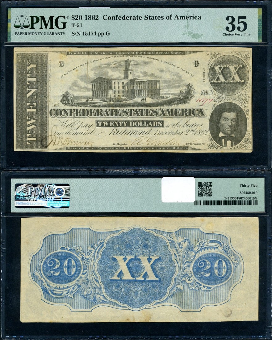 PMG Choice VF35 1862 Confederate $20 Note T-51: PMG Choice VF35 1862 Confederate $20 Note T-51 This is a T-51 $20 Confederate note from 1862, certified by PMG with a grade of Choice VF35. The note features original paper quality, vibrant color, and