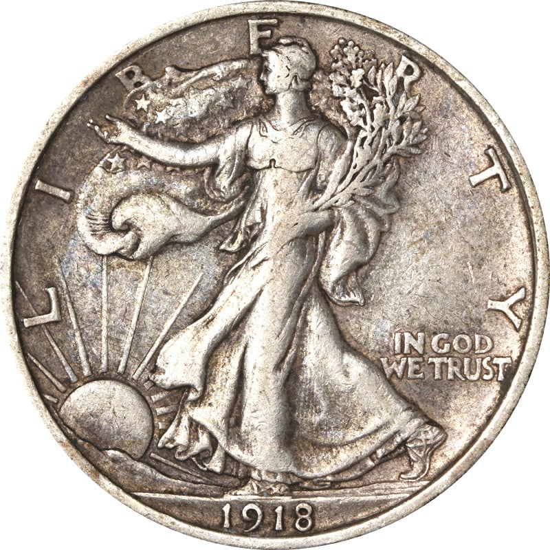 1918 P Silver Walking Liberty Half Dollar: 1918 P Silver Walking Liberty Half Dollar This is a 1918-P Walking Liberty Half Dollar from the United States. The coin is composed of silver with a fineness of 0.9 and is in circulated, pre-owned con