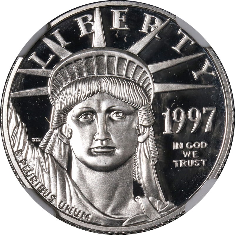 NGC PF70 Ultra Cameo 1997-W $25 Platinum Eagle 1/4 oz Coin: NGC PF70 Ultra Cameo 1997-W $25 Platinum Eagle 1/4 oz Coin This 1997-W Platinum American Eagle $25 coin is certified by NGC with a perfect PF70 Ultra Cameo grade. The coin is composed of 0.9995 fine p