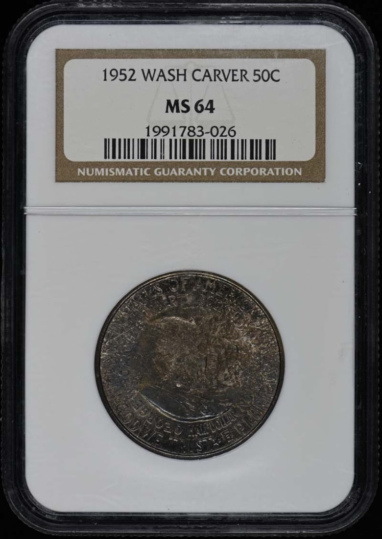 1952 Washington-Carver Silver Half Dollar NGC MS64 Philadelphia Mint: 1952 Washington-Carver Silver Half Dollar NGC MS64 Philadelphia Mint This 1952 Washington-Carver silver commemorative half dollar is graded MS64 by NGC and is uncirculated. Minted in Philadelphia, it 