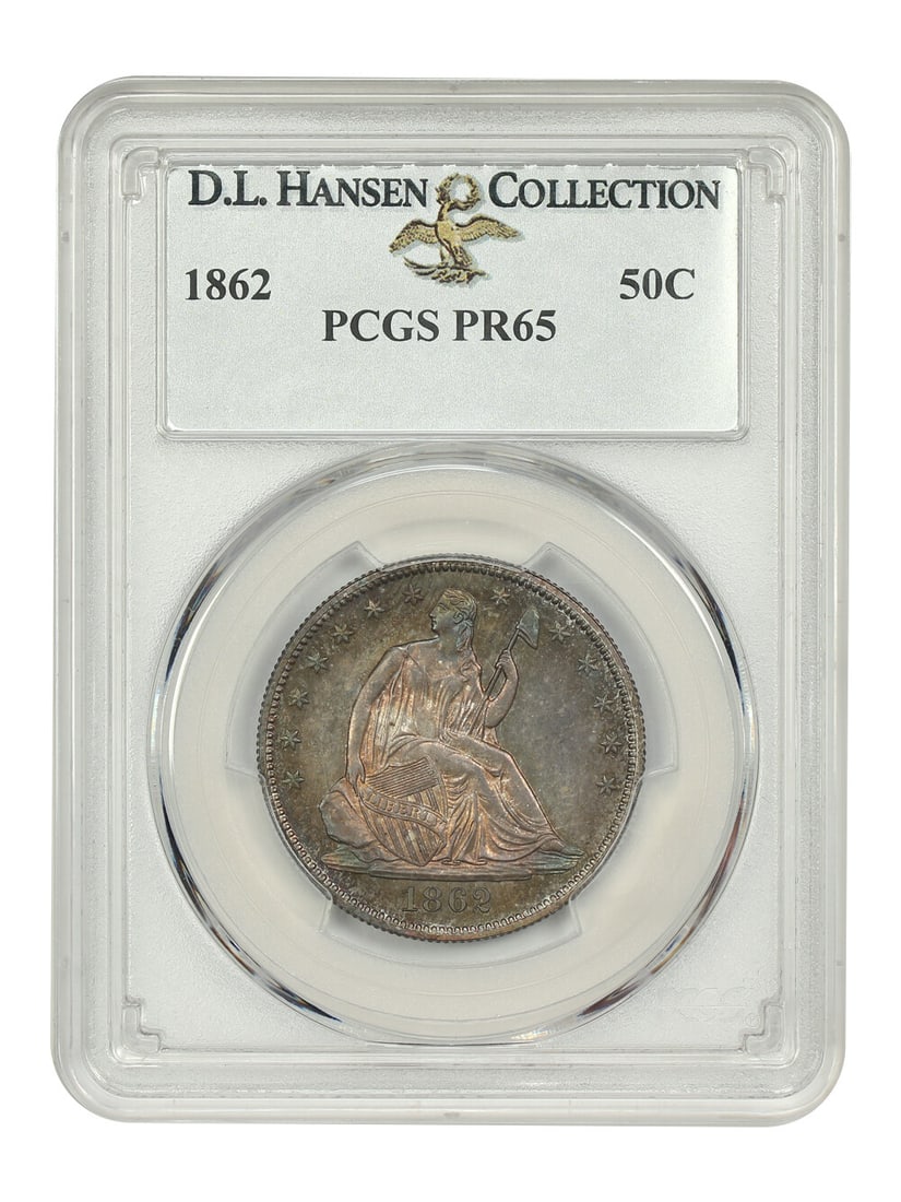1862 50C Liberty Seated Half Dollar PCGS PR65 D.L. Hansen: 1862 50C Liberty Seated Half Dollar PCGS PR65 D.L. Hansen This stunning 1862 50C Liberty Seated Half Dollar is a PCGS certified gem proof, graded PR65. Struck in Philadelphia during the significant Ci