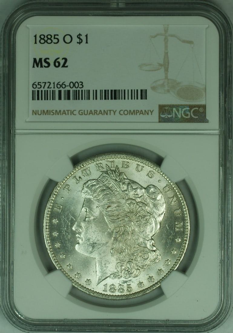 NGC MS 62 1885-O Morgan Dollar Uncirculated New Orleans Mint Silver Coin: NGC MS 62 1885-O Morgan Dollar Uncirculated New Orleans Mint Silver Coin This is an 1885-O Morgan Silver Dollar graded MS-62 by NGC. Struck at the New Orleans Mint, this uncirculated coin is composed 