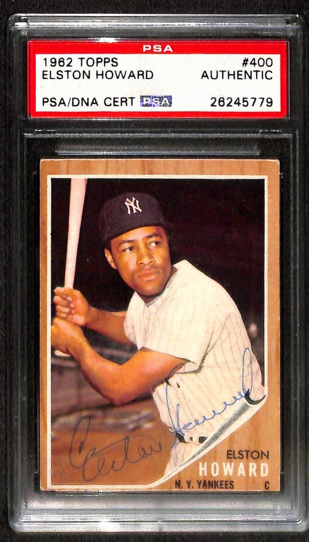 1962 Topps #400 Elston Howard Autographed Card PSA/DNA Certified: 1962 Topps #400 Elston Howard Autographed Card PSA/DNA Certified This is a 1962 Topps #400 Elston Howard signed baseball trading card, featuring the autograph of the legendary New York Yankees player.