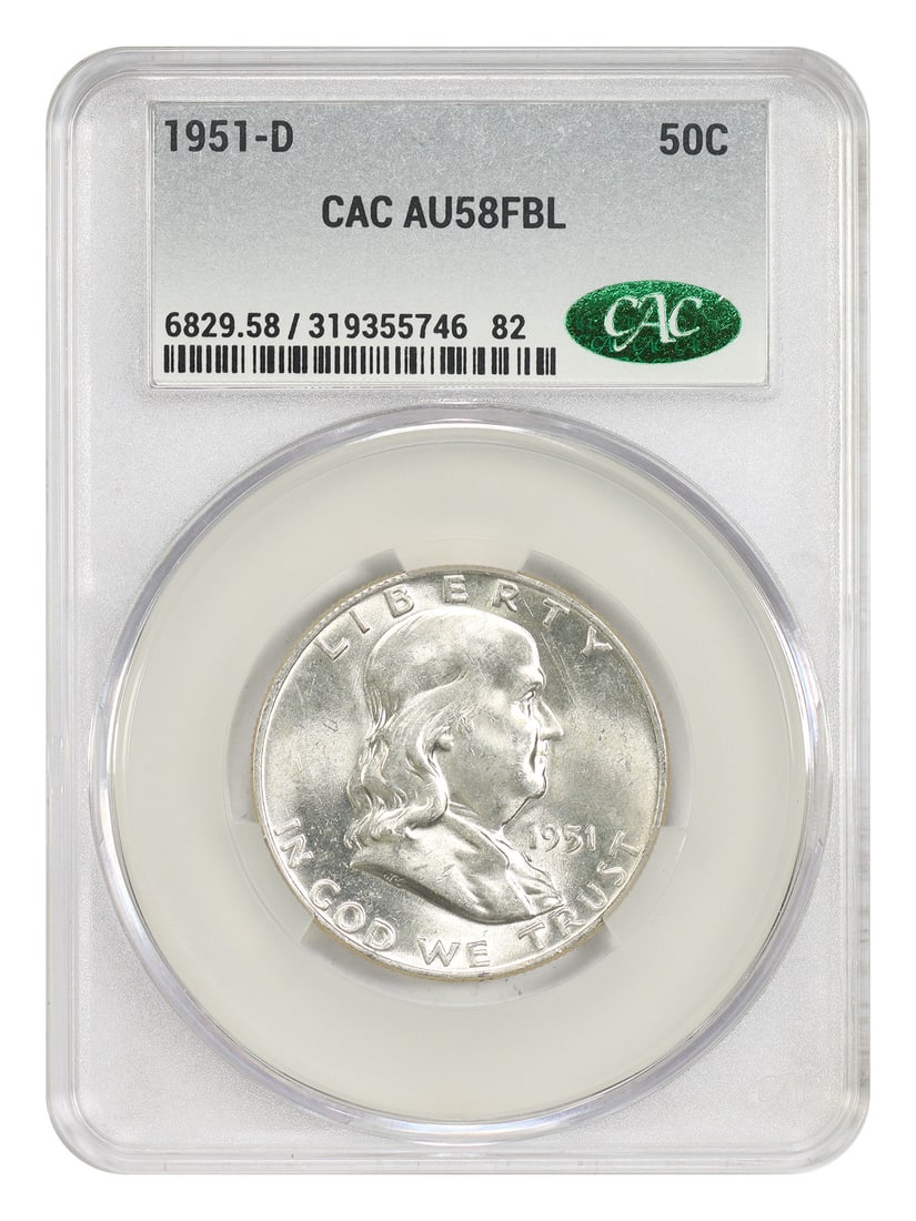 Franklin Half Dollar 1951 Denver CACG AU58 FBL Certified 50C Coin: Franklin Half Dollar 1951 Denver CACG AU58 FBL Certified 50C Coin This is a 1951-D Franklin Half Dollar graded AU58FBL by CACG. The coin is circulated and features the Full Bell Lines (FBL) designatio