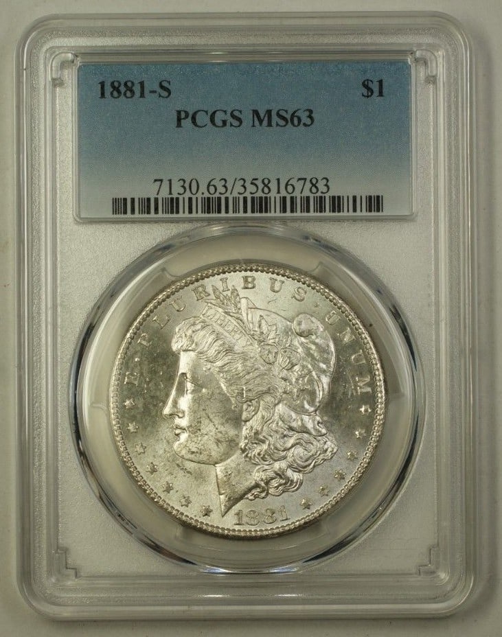 PCGS MS-63 1881-S Morgan Dollar Silver Coin San Francisco Mint: PCGS MS-63 1881-S Morgan Dollar Silver Coin San Francisco Mint This 1881-S Morgan Silver Dollar is a United States $1 coin minted in San Francisco. Certified by PCGS with a grade of MS 63, it is an un