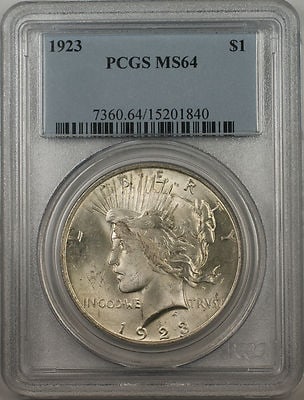 PCGS MS-64 1923 Peace Silver Dollar Light Toning: PCGS MS-64 1923 Peace Silver Dollar Light Toning This 1923 Silver Peace Dollar features light toning and has been graded MS-64 by PCGS. It is a pre-owned collectible coin, ideal for those seeking a we