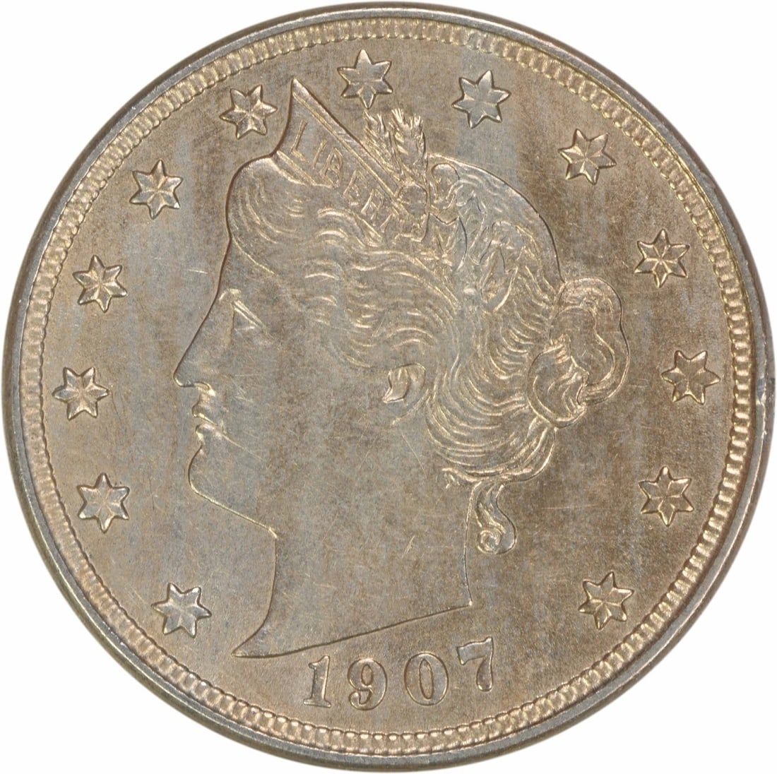 1907 Liberty Nickel AU Circulated Uncertified Coin 5C: 1907 Liberty Nickel AU Circulated Uncertified Coin 5C This 1907 Liberty Nickel is a beautiful example of American coinage, featuring a design by Charles E. Barber. The coin has been circulated and is 