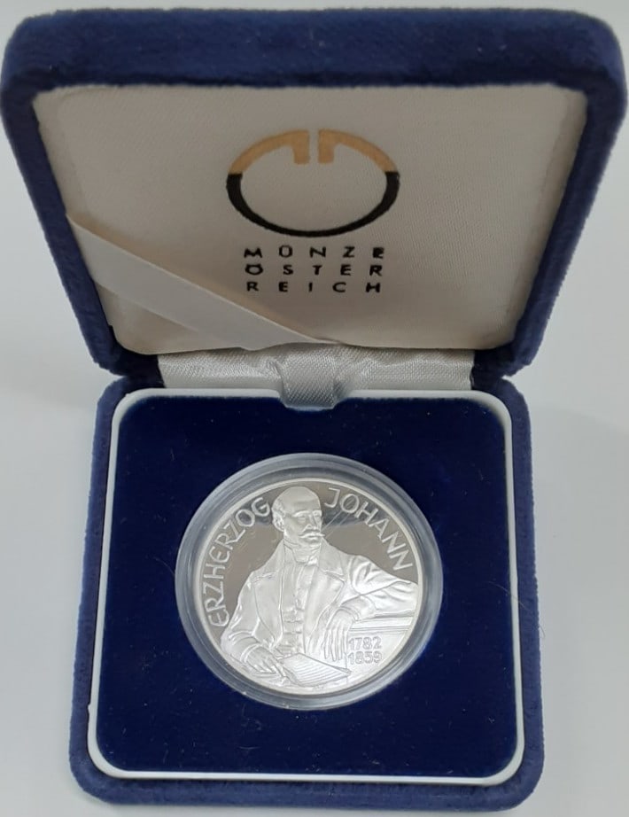 Austria 100 Schilling 1994 Silver Proof Coin Johann Erzherzog Commemorative: Austria 100 Schilling 1994 Silver Proof Coin Johann Erzherzog Commemorative This 1994 Austria 100 Schilling Johann Erzherzog commemorative coin is a proof strike crafted in 90% silver. The coin comes 
