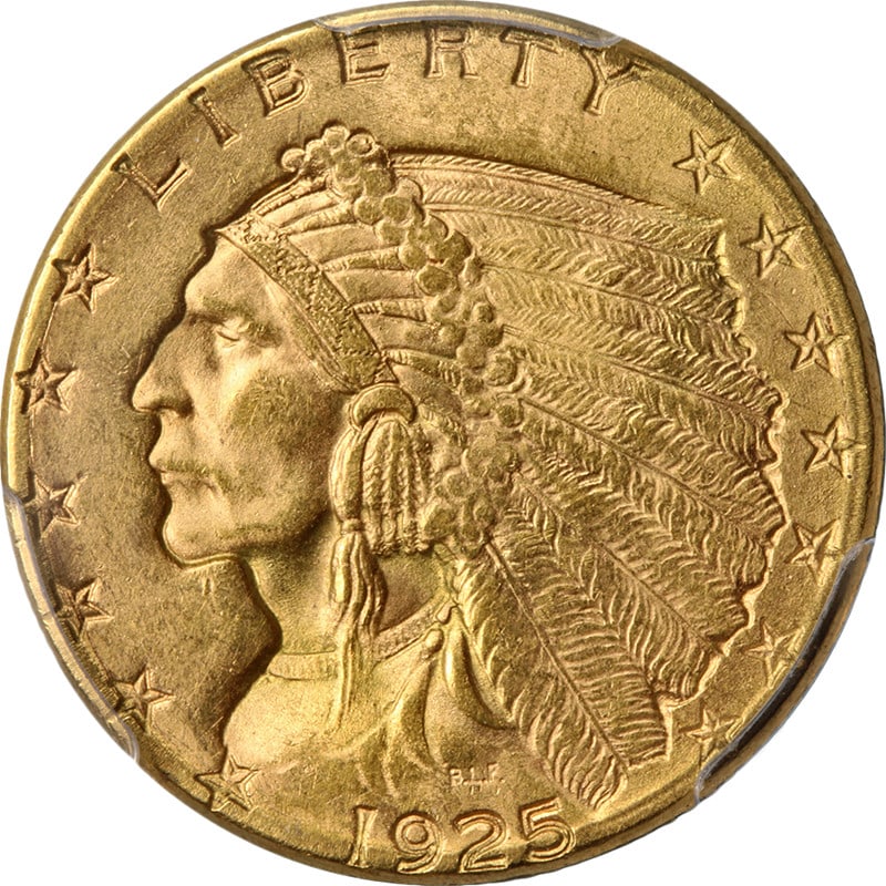 PCGS MS64 1925-D Indian Head $2.50 Gold Coin: PCGS MS64 1925-D Indian Head $2.50 Gold Coin This 1925-D Indian Gold $2.50 coin is graded MS64 by PCGS, indicating an uncirculated condition with outstanding eye appeal. It features superb color, brig