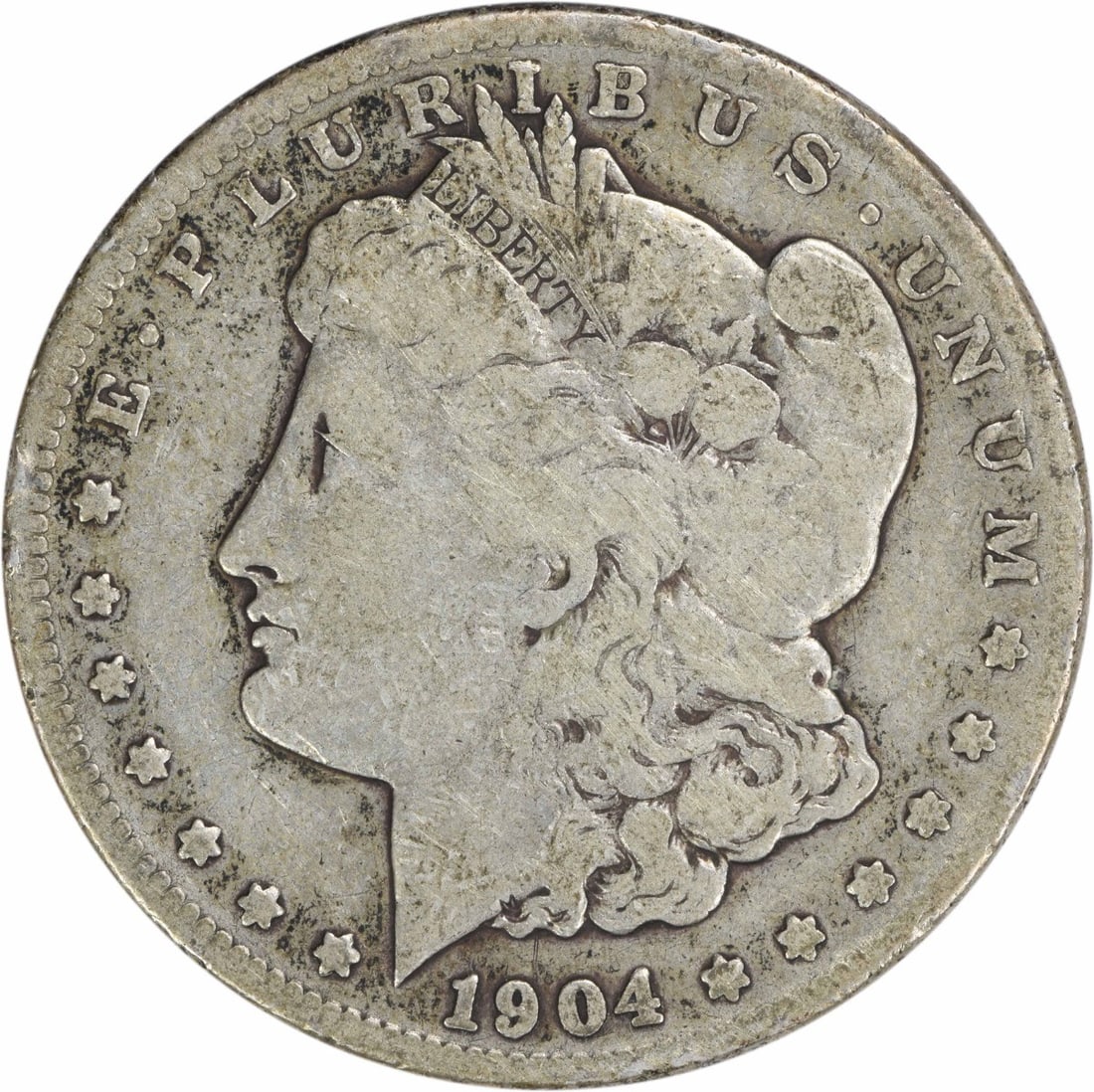 1904-S Morgan Silver Dollar Coin Uncertified 90% Silver: 1904-S Morgan Silver Dollar Coin Uncertified 90% Silver This 1904-S Morgan Silver Dollar is a remarkable piece of American history, featuring a classic design by George T. Morgan. Struck in San Franci