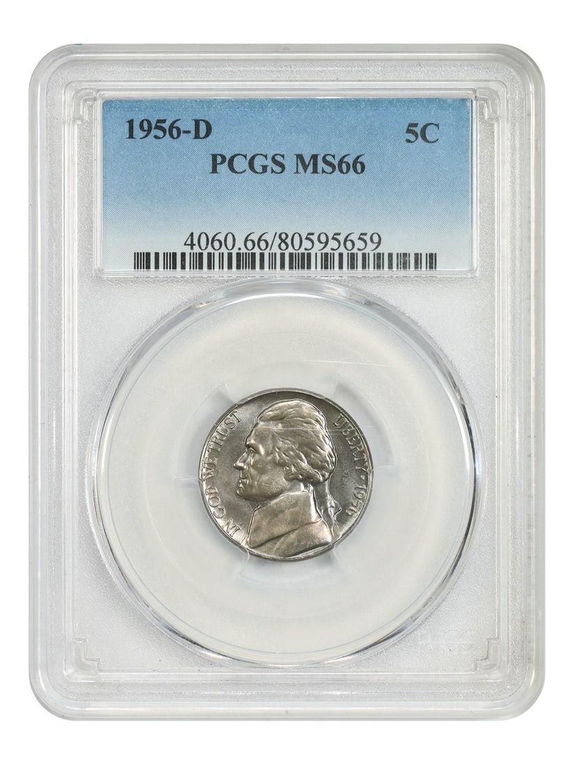 Jefferson Nickel 1956 Denver Five Cent PCGS MS66 Uncirculated: Jefferson Nickel 1956 Denver Five Cent PCGS MS66 Uncirculated This is a 1956-D Jefferson Nickel graded MS66 by PCGS. The coin is uncirculated and was minted in Denver. Please note that there are a cou