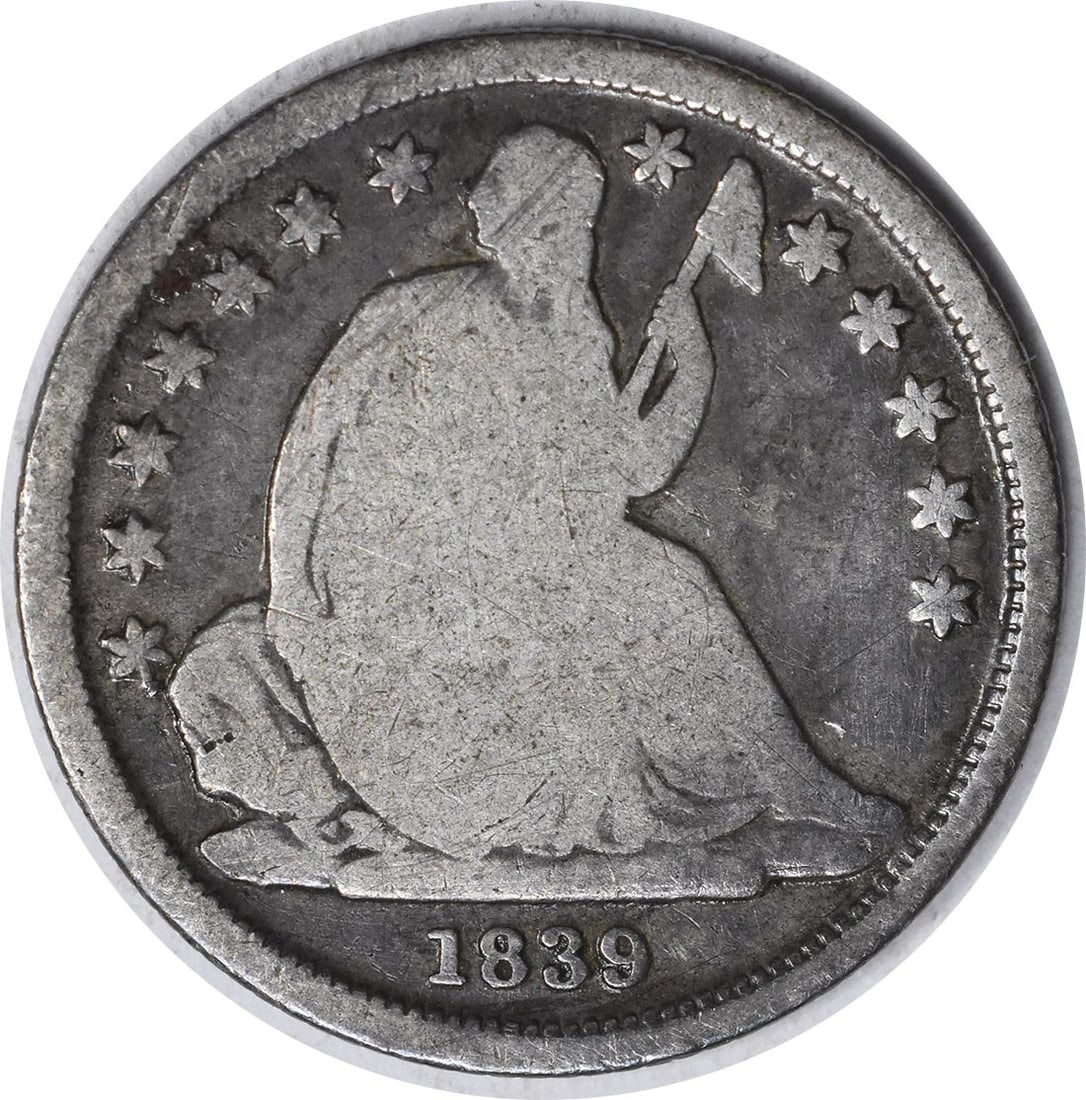 1839-O Liberty Seated Silver Dime 90% Silver Gobrecht Design Uncertified: 1839-O Liberty Seated Silver Dime 90% Silver Gobrecht Design Uncertified This 1839-O Liberty Seated Silver Dime is a notable collectible from the United States. Featuring a design by Christian Gobrech