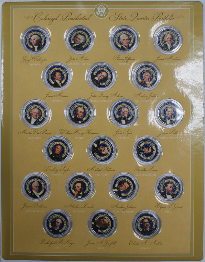 Portfolio of 43 Colorized Presidential State Quarters Collection: Portfolio of 43 Colorized Presidential State Quarters Collection This portfolio features 43 colorized Presidential State Quarters, each with a president's colorized portrait on the obverse and their c