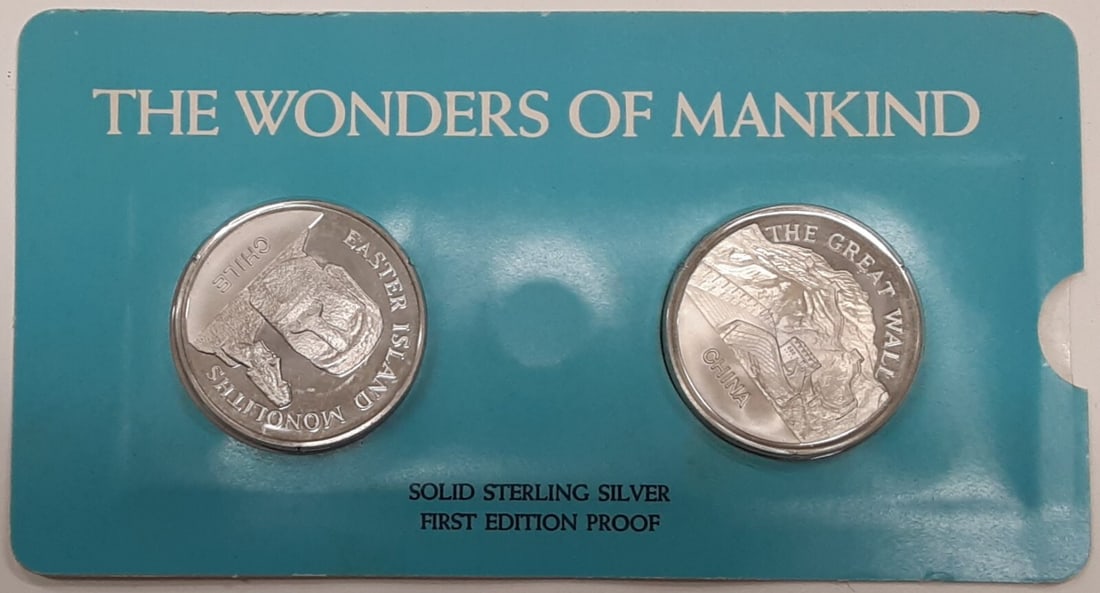 Set of 2 Sterling Silver Medals Wonders of Mankind Easter Island and China 1972: Set of 2 Sterling Silver Medals Wonders of Mankind Easter Island and China 1972 This 1972 Franklin Mint set features two commemorative silver medals from the Wonders of Mankind series. Each medal is s
