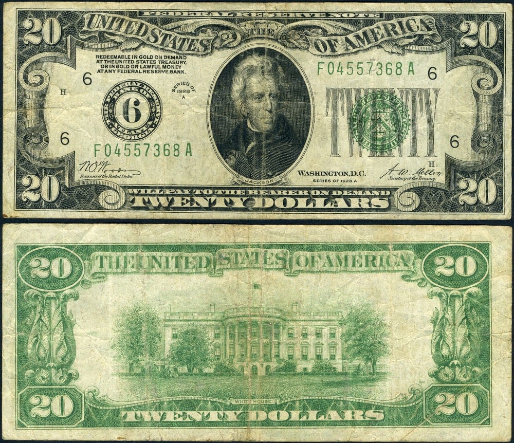 1928-A Atlanta $20 Federal Reserve Note Fine+: 1928-A Atlanta $20 Federal Reserve Note Fine+ This is a 1928-A $20 Federal Reserve Note from Atlanta, featuring the F-A Block. The note has original paper quality and displays even circulation, consis