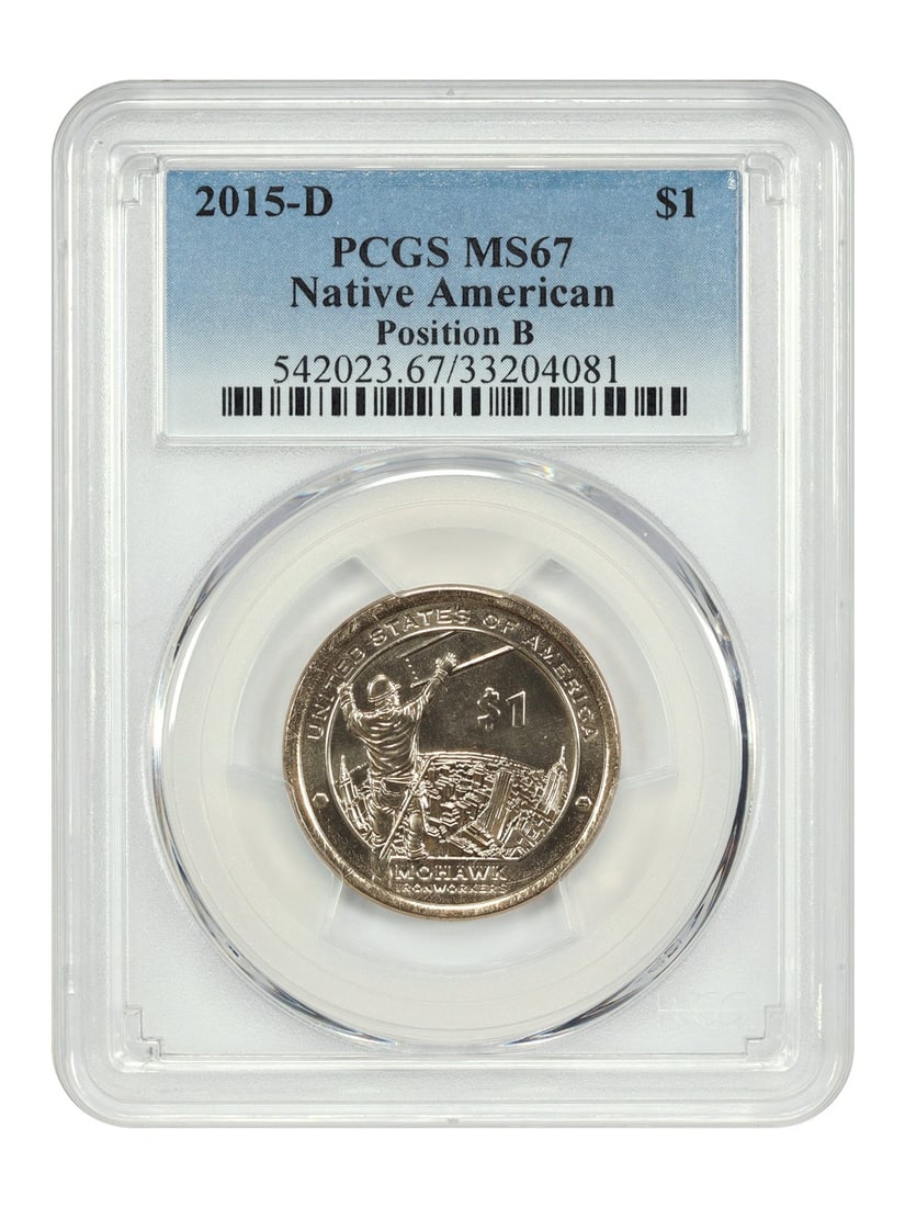 2015 Denver Sacagawea Dollar PCGS MS67 Position B Certified $1 Coin: 2015 Denver Sacagawea Dollar PCGS MS67 Position B Certified $1 Coin This 2015-D $1 Sacagawea Dollar is graded MS67 by PCGS and features the Position B orientation. Struck at the Denver Mint, this unci