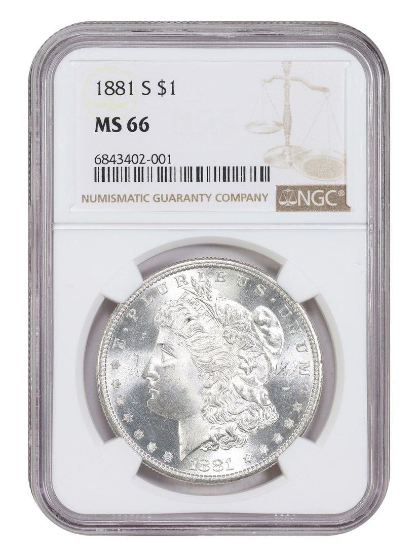 NGC MS66 1881-S Morgan Silver Dollar: NGC MS66 1881-S Morgan Silver Dollar This is an 1881 Morgan Dollar, minted in San Francisco, graded MS66 by NGC. It is an uncirculated coin and is recognized as a popular collector date within the Mor