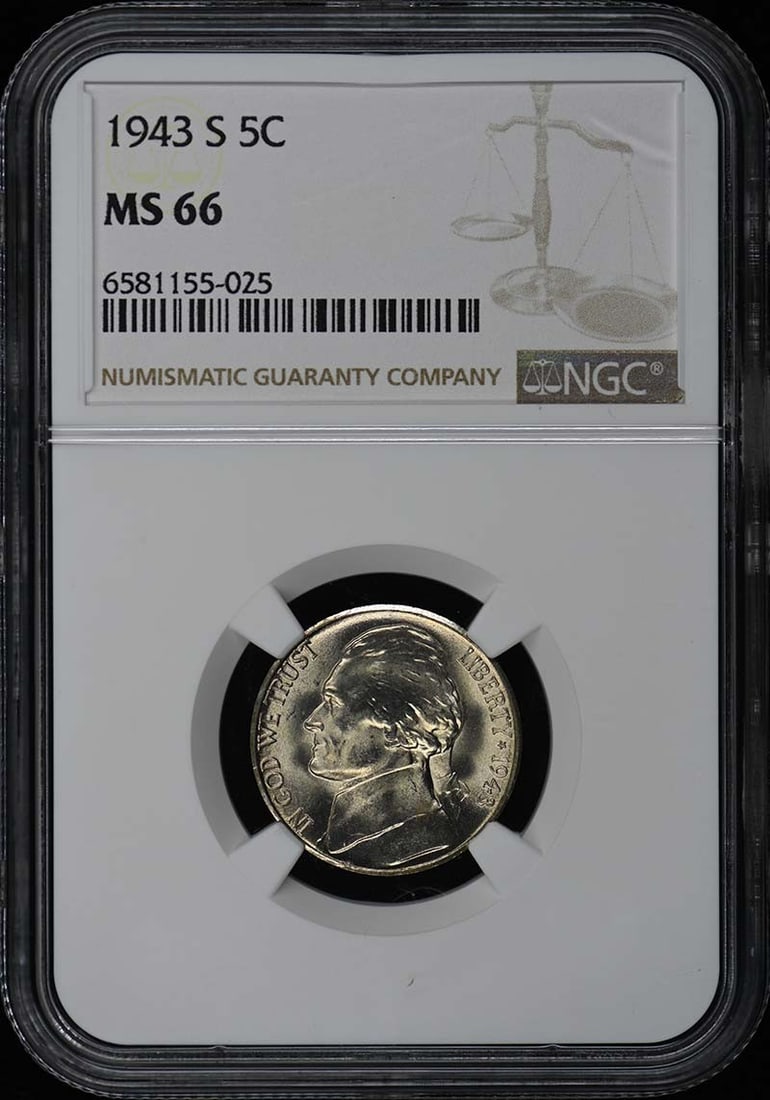 1943-S Jefferson Nickel NGC MS66 Uncirculated Coin: 1943-S Jefferson Nickel NGC MS66 Uncirculated Coin This 1943-S Jefferson Nickel is certified by NGC and graded MS66, indicating its uncirculated condition and high quality. Minted in San Francisco, th