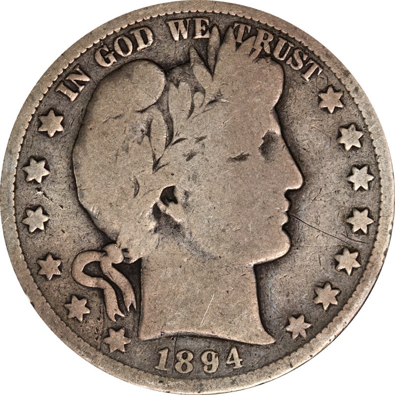 1894 San Francisco Silver Barber Half Dollar United States Coin: 1894 San Francisco Silver Barber Half Dollar United States Coin This is an 1894-S Barber Half Dollar from the United States, composed of 90% silver. The coin was minted in San Francisco and is in circ