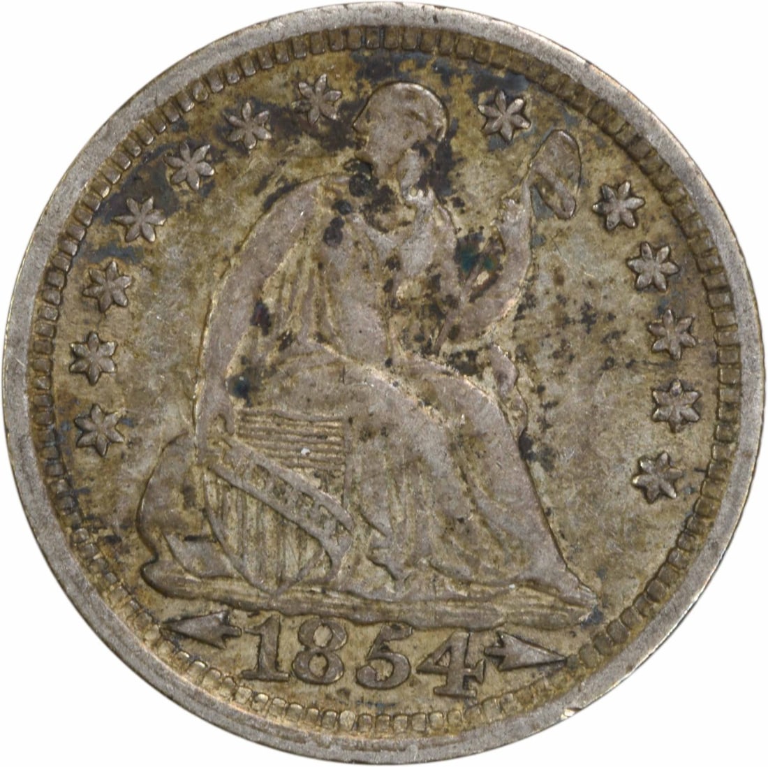 1854 Liberty Seated Half Dime 90% Silver Uncertified EF: 1854 Liberty Seated Half Dime 90% Silver Uncertified EF This 1854 Liberty Seated Silver Half Dime features a classic design by Christian Gobrecht, representing a significant piece of American numismat