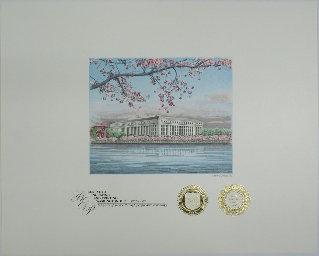 1987 Cherry Blossoms BEP 125th Anniversary Souvenir Card with Embossed Seals (1 of 1)