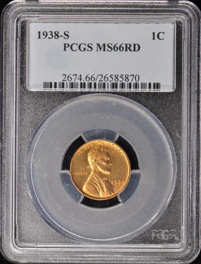 1938-S Lincoln Cent Type 1 Wheat Reverse PCGS MS66RD: 1938-S Lincoln Cent Type 1 Wheat Reverse PCGS MS66RD This 1938-S Lincoln Cent features a Type 1 Wheat Reverse and has been graded by PCGS as MS66RD, indicating it is in uncirculated condition. Minted 