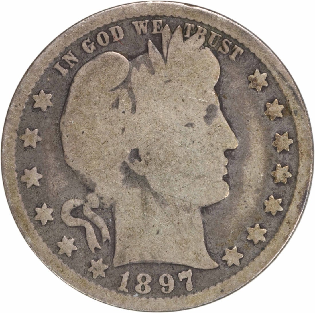 1897-O Barber Quarter 90% Silver Uncertified G Grade: 1897-O Barber Quarter 90% Silver Uncertified G Grade This 1897-O Barber Silver Quarter is a notable piece of American numismatic history. Struck at the New Orleans Mint, this coin features the iconic 