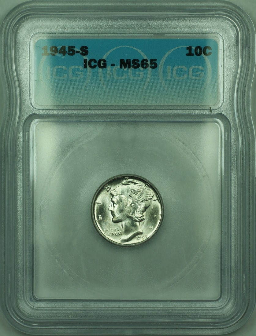 ICG MS-65 1945-S Mercury dime silver 10c: ICG MS-65 1945-S Mercury dime silver 10c This is a 1945 Mercury Silver Dime with a denomination of 10 cents, minted in San Francisco. The coin is composed of 90% silver and is graded MS-65 by ICG. It 