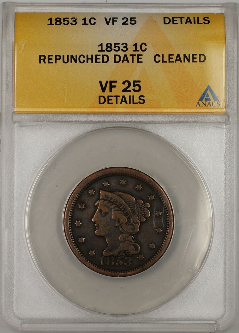 1853 Large Cent Braided Hair Copper Coin ANACS VF 25 Repunched Date Cleaned (1 of 2)