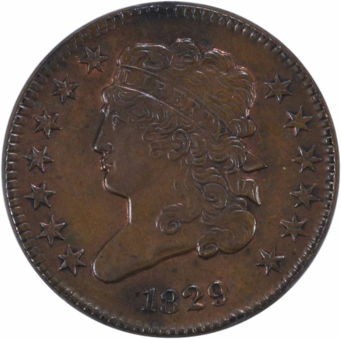 1829 Half Cent Classic Head Copper Coin AU Uncertified: 1829 Half Cent Classic Head Copper Coin AU Uncertified This 1829 Half Cent features a classic head design by John Reich and is composed of copper. It has been graded as About Uncirculated (AU) and is 