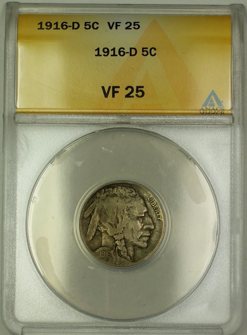 ANACS VF-25 1916 Denver Mint Buffalo Nickel Five Cent Coin: ANACS VF-25 1916 Denver Mint Buffalo Nickel Five Cent Coin This is a 1916-D Buffalo Nickel 5-cent coin from the United States, minted in Denver. It has been certified and graded VF 25 by ANACS. The co