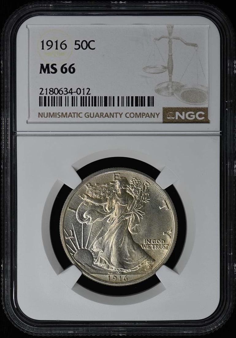 NGC MS66 1916 Walking Liberty 50C Half Dollar: NGC MS66 1916 Walking Liberty 50C Half Dollar This 1916 Walking Liberty Half Dollar is graded MS66 by NGC, indicating a high-quality, uncirculated coin. Struck in Philadelphia, it features the classic