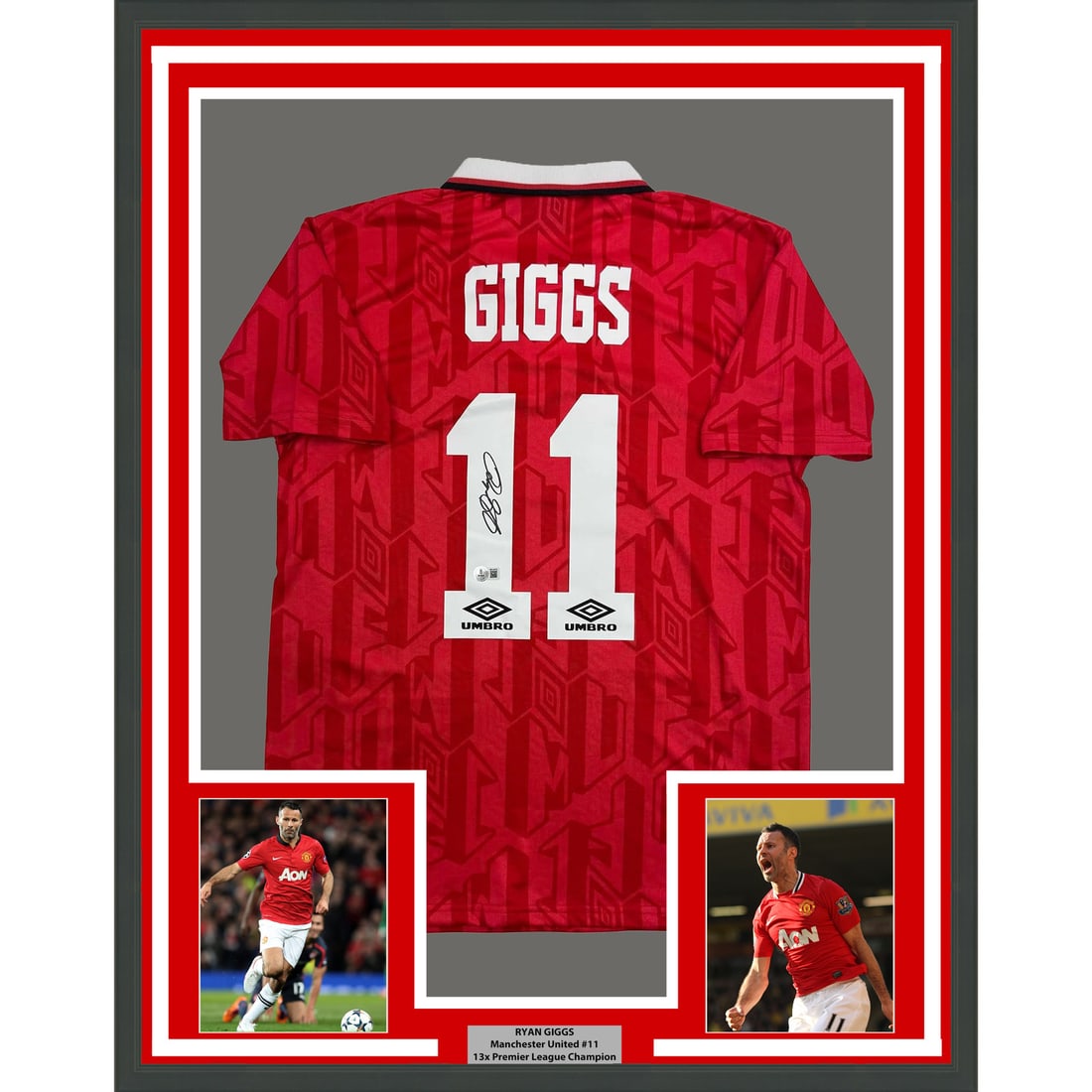 Ryan Giggs Signed Manchester United Jersey 35x39 Framed Display Beckett Authenticated: Ryan Giggs Signed Manchester United Jersey 35x39 Framed Display Beckett Authenticated This professionally framed and matted Manchester United jersey features the authentic signature of Ryan Giggs. The