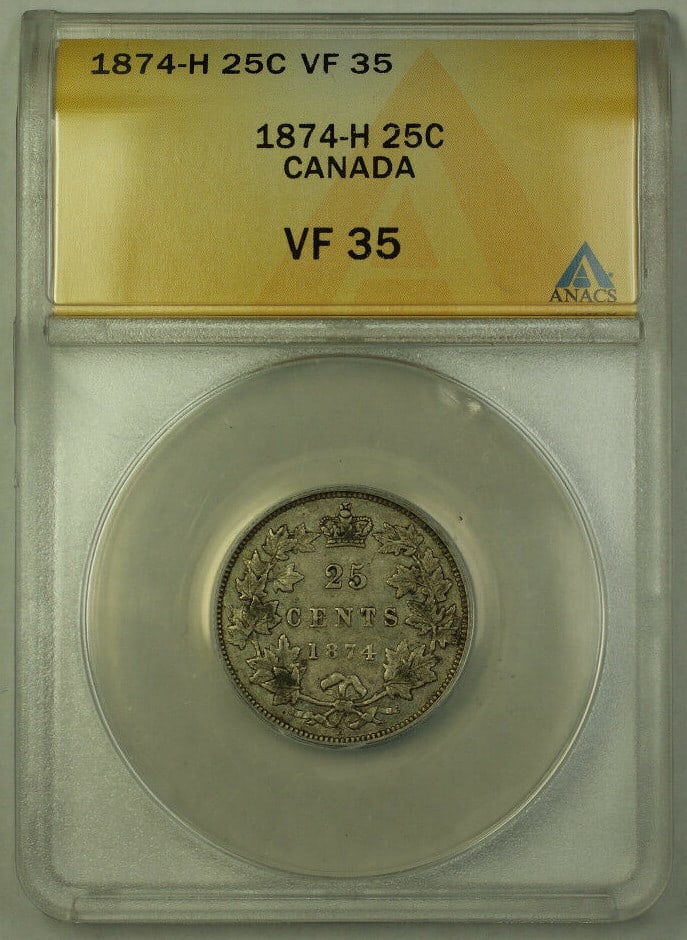 Canada 1874-H Silver 25 Cent Victoria Quarter ANACS VF-35 Certified: Canada 1874-H Silver 25 Cent Victoria Quarter ANACS VF-35 Certified This 1874-H Canada Silver Quarter features the portrait of Queen Victoria and is composed of 0.925 fine silver. The coin has been ce