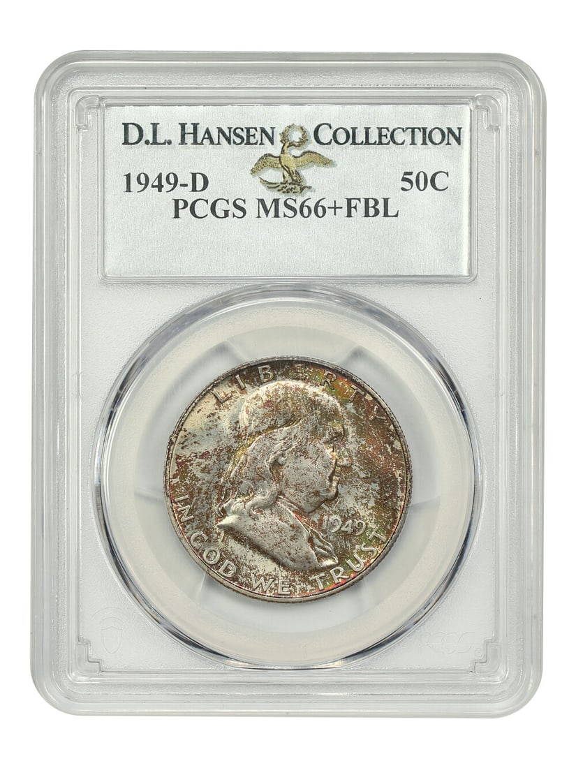 1949-D Franklin Half Dollar PCGS MS66+FBL Certified Gem: 1949-D Franklin Half Dollar PCGS MS66+FBL Certified Gem This 1949-D 50C Franklin Half Dollar is certified by PCGS with a grade of MS66+FBL, indicating it is in uncirculated condition. Known for its po