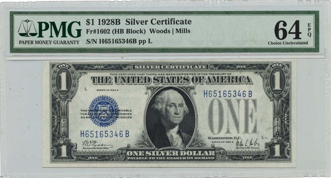1928B $1 Uncirculated Silver Certificate PMG MS64 EPQ: 1928B $1 Uncirculated Silver Certificate PMG MS64 EPQ This is a 1928B $1 Silver Certificate, featuring the PMG certification with a grade of MS64. It is classified as uncirculated, indicating it has n