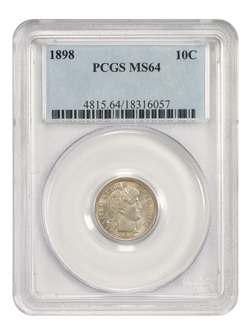 1898 Philadelphia Barber Dime PCGS MS64 10C: 1898 Philadelphia Barber Dime PCGS MS64 10C This is an 1898 Barber Dime with a denomination of 10 cents, struck at the Philadelphia Mint. The coin is uncirculated and has been graded MS64 by PCGS. It 
