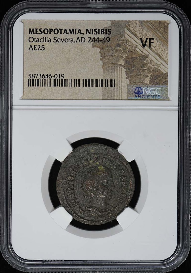 Otacilia Severa Mesopotamia Nisibis AE25 NGC VF: Otacilia Severa Mesopotamia Nisibis AE25 NGC VF This is an ancient bronze coin from the reign of Otacilia Severa, dated AD 244-249, originating from Mesopotamia, Nisibis. The coin has been certified b