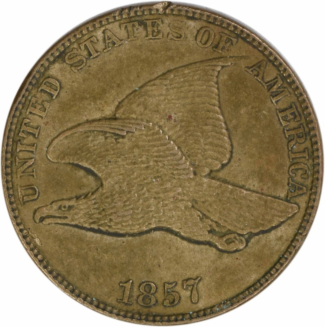 1857 United States Flying Eagle Small Cent AU Grade Uncertified Coin: 1857 United States Flying Eagle Small Cent AU Grade Uncertified Coin This 1857 Flying Eagle Cent is an AU (About Uncirculated) slider and remains uncertified. Minted in Philadelphia, this circulated s