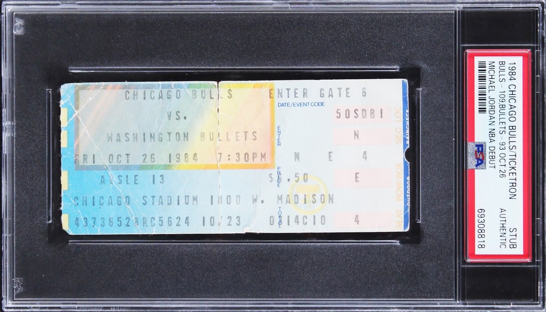 Michael Jordan NBA Debut Ticket Stub October 1984 PSA Encapsulated: Michael Jordan NBA Debut Ticket Stub October 1984 PSA Encapsulated This is an October 26, 1984 ticket stub from the Chicago Bulls vs. Washington Bullets game, marking Michael Jordan's NBA debut. The t