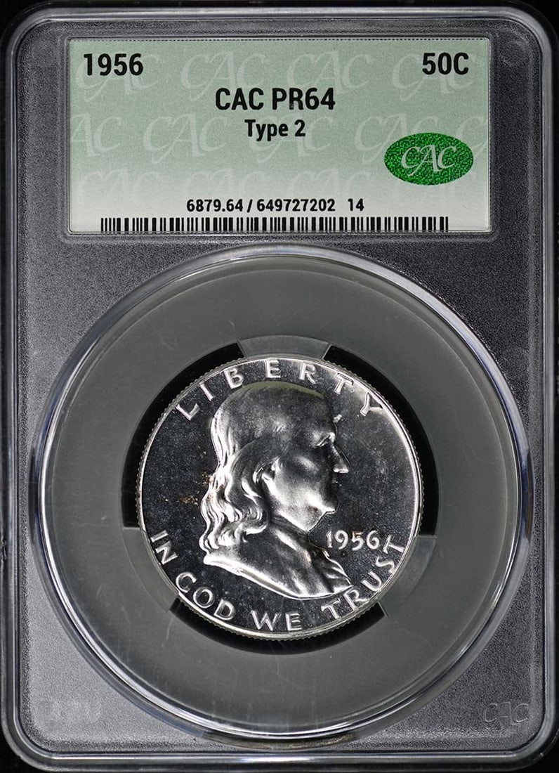 1956 PR64 Franklin Half Dollar Type 2 Proof CACG Certified: 1956 PR64 Franklin Half Dollar Type 2 Proof CACG Certified This 1956 Franklin Half Dollar is a Type 2 proof coin graded PR64 and certified by CACG. Struck at the Philadelphia Mint, this uncirculated c